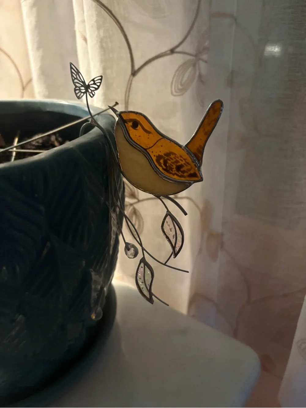 Stained Glass Hanging Bird Ornament - Amber & Cream Robin